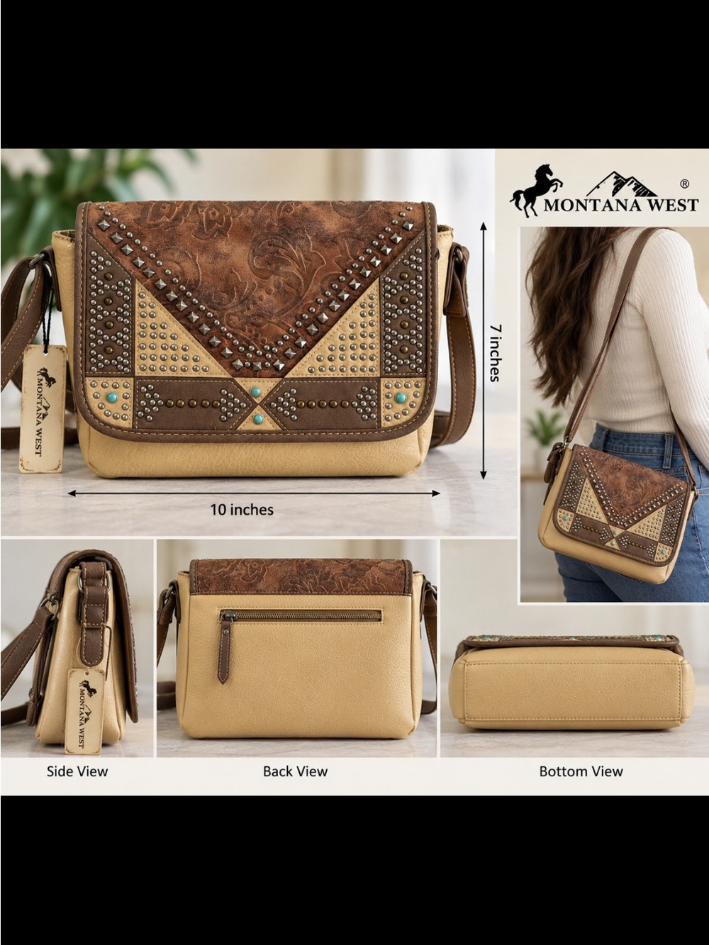 Montana West Western Crossbody Purse Brown Tan Turquoise Tooled Studded NWT